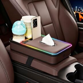 غطاء وحدة التحكم المركزية للسيارة 5 في 1 مع حاملات أكواب بإضاءة LED بـ 7 ألوان وصندوق مناديل وفتحة للهاتف وغطاء مسند ذراع من الجلد المصنوع من الألياف الدقيقة وملحقات داخلية لمعظم المركبات (بني) in Kuwait