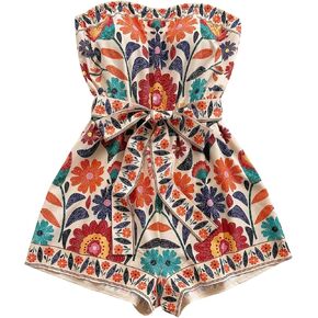 SweatyRocks Women's Boho Floral Print Strapless Romper Sleeveless Belted Shorts Jumpsuit in Saudi Arabia