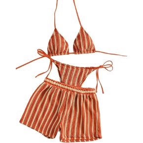 Sexy Halter String Striped Triangle Boyshorts Bikini Sets Bathing Suit 3 Piece in Kuwait