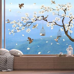 Whaline Spring Cherry Blossom Tree Window Cling Stickers Flower Bird Branch Window Decals Large White Magnolia Floral Reusable Windows Decoration for Party Home Shop Display, 2 Sheets in Saudi Arabia