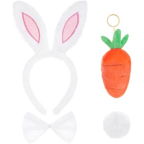 طقم زي أرنب عيد الفصح من 4 قطع، ربطة رأس من القطيفة البيضاء على شكل آذان أرنب وربطة رأس وذيل جزرة للنساء والكبار، مستلزمات الحفلات التنكرية in Kuwait