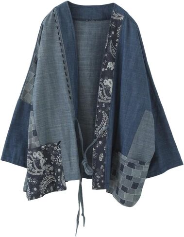 Patchwork Denim Kimono Jacket Wide Sleeve Cardigan Wrap Front with Belt Paisley Print Coat for Women in Saudi Arabia