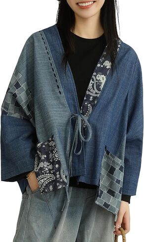 Patchwork Denim Kimono Jacket Wide Sleeve Cardigan Wrap Front with Belt Paisley Print Coat for Women in Saudi Arabia