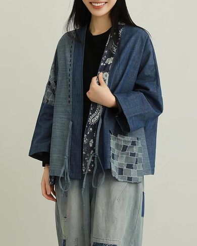 Patchwork Denim Kimono Jacket Wide Sleeve Cardigan Wrap Front with Belt Paisley Print Coat for Women in Saudi Arabia