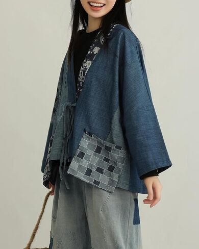 Patchwork Denim Kimono Jacket Wide Sleeve Cardigan Wrap Front with Belt Paisley Print Coat for Women in Saudi Arabia