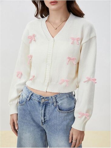 SHENHE Women's Bow Sweater Cardigan Button Down V Neck Lightweight Knit Cropped Cardigan in Saudi Arabia