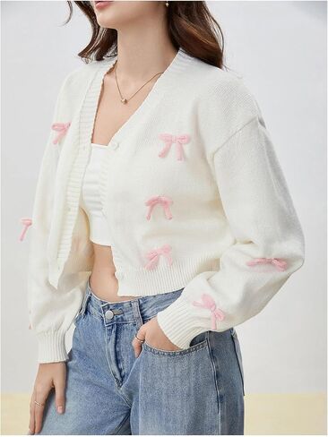 SHENHE Women's Bow Sweater Cardigan Button Down V Neck Lightweight Knit Cropped Cardigan in Saudi Arabia