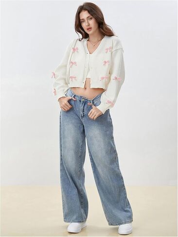 SHENHE Women's Bow Sweater Cardigan Button Down V Neck Lightweight Knit Cropped Cardigan in Saudi Arabia