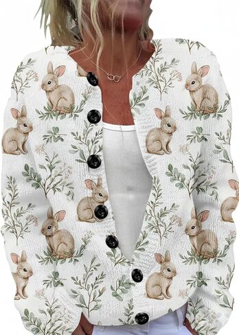 بالإضافة إلى حجم سترة المرأة طباعة الأزهار أرنب، لطيف سترة متماسكة الأرنب، لينة زر الجبهة جولة الرقبة السترة in Kuwait