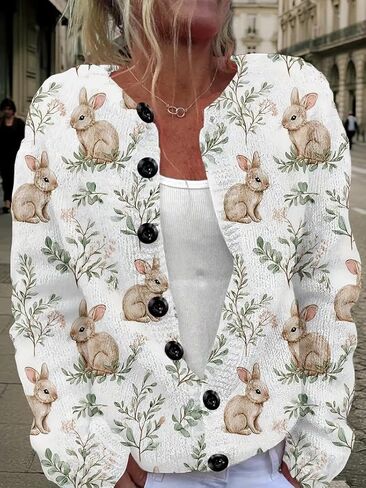 بالإضافة إلى حجم سترة المرأة طباعة الأزهار أرنب، لطيف سترة متماسكة الأرنب، لينة زر الجبهة جولة الرقبة السترة in Kuwait