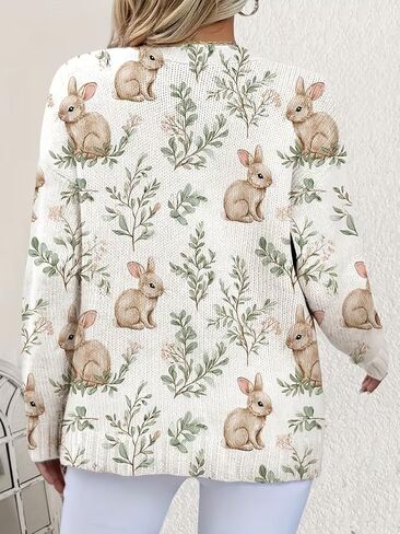 بالإضافة إلى حجم سترة المرأة طباعة الأزهار أرنب، لطيف سترة متماسكة الأرنب، لينة زر الجبهة جولة الرقبة السترة in Kuwait