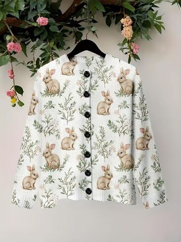 بالإضافة إلى حجم سترة المرأة طباعة الأزهار أرنب، لطيف سترة متماسكة الأرنب، لينة زر الجبهة جولة الرقبة السترة in Kuwait