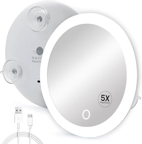 MAVORO Triple Suction Cup Magnifying Mirror with Light | Rechargeable | Magnified 10x Mirror Backlit LED Mirror. Compact, Portable Lighted Makeup Mirror with Magnification for Bathroom or Travel | USB in Kuwait