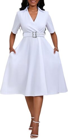 Women's Short Sleeve Midi Dress Elegant Lapel V Neck Office Dress Belted A Line Dress with Pockets in Saudi Arabia