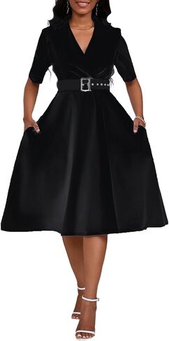 Women's Short Sleeve Midi Dress Elegant Lapel V Neck Office Dress Belted A Line Dress with Pockets in Kuwait