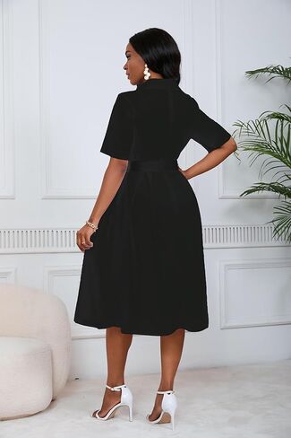 Women's Short Sleeve Midi Dress Elegant Lapel V Neck Office Dress Belted A Line Dress with Pockets in Saudi Arabia