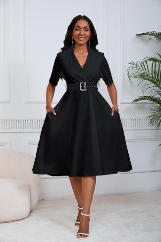 Women's Short Sleeve Midi Dress Elegant Lapel V Neck Office Dress Belted A Line Dress with Pockets in Saudi Arabia