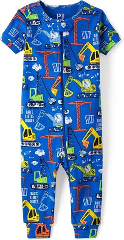 The Children's Place Baby Boy's and Toddler Snug Fit 100% Cotton Short Sleeve Zip-Front One Piece Footless Pajama, Construction Print in Saudi Arabia