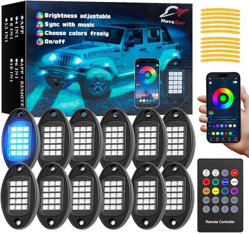 12 Pods RGB LED Rock Lights for Trucks Comes with App, Remote Control Music Mode, Warning Sticker, Multi-Zone Under Glow Lights, High Bright Multicolor, IP68 Waterproof Neon Accent Lighting in Saudi Arabia