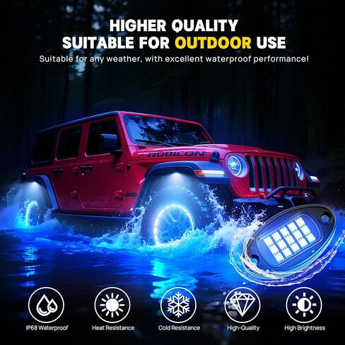 12 Pods RGB LED Rock Lights for Trucks Comes with App, Remote Control Music Mode, Warning Sticker, Multi-Zone Under Glow Lights, High Bright Multicolor, IP68 Waterproof Neon Accent Lighting in Saudi Arabia