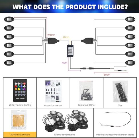 12 Pods RGB LED Rock Lights for Trucks Comes with App, Remote Control Music Mode, Warning Sticker, Multi-Zone Under Glow Lights, High Bright Multicolor, IP68 Waterproof Neon Accent Lighting in Saudi Arabia