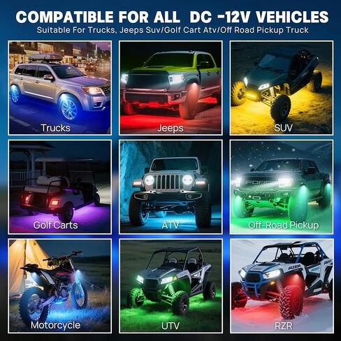 12 Pods RGB LED Rock Lights for Trucks Comes with App, Remote Control Music Mode, Warning Sticker, Multi-Zone Under Glow Lights, High Bright Multicolor, IP68 Waterproof Neon Accent Lighting in Saudi Arabia