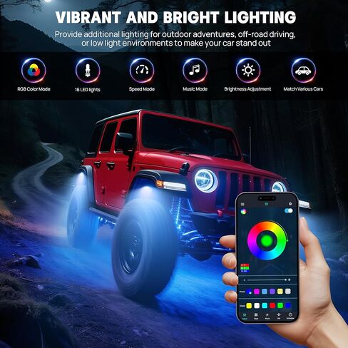 12 Pods RGB LED Rock Lights for Trucks Comes with App, Remote Control Music Mode, Warning Sticker, Multi-Zone Under Glow Lights, High Bright Multicolor, IP68 Waterproof Neon Accent Lighting in Saudi Arabia