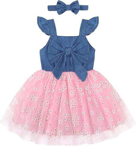 Renotemy Toddler Baby Girl Outfits Summer Dresses Sleeveless Infant Denim Sundress Jeans Dress for Girl Clothes in Kuwait