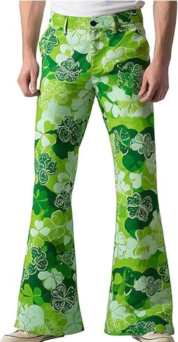 Mens St Patricks Day Pants Irish Shamrock Print Green Bell Bottoms Vintage Relaxed Stretchy Bootcut Flared Disco Pant in Saudi Arabia