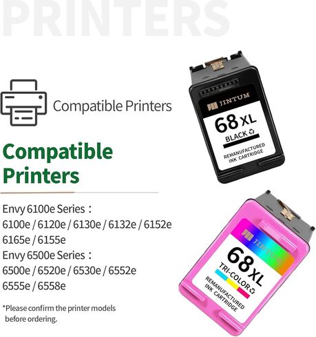 خرطوشة حبر JINTUM 68XL 68 متوافقة مع خراطيش حبر HP 68 68XL حزمة كومبو سوداء/ملونة بديلة لطابعة Envy 6100e 6152e 6155e 6500e 6552e 6555e 6558e (1 أسود، 1 ثلاثي الألوان) in Kuwait