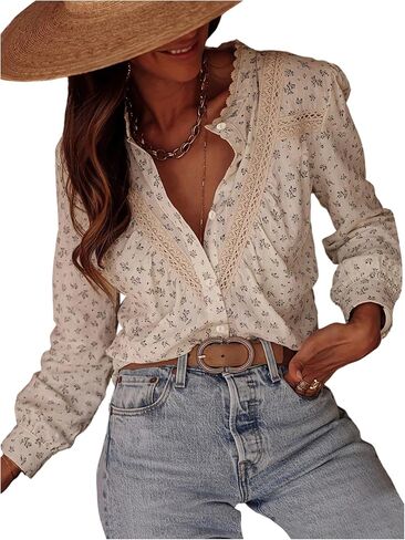SHENHE Women's Boho Floral Peasant Blouse Button Down Long Sleeve Lace Trim Dressy Shirt Top in Saudi Arabia