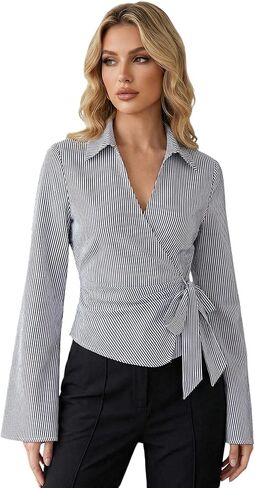 Women's Striped Wrap Tie Waist Shirt Ruched Bell Sleeve Collared V Neck Blouses Business Casual Tops in Saudi Arabia