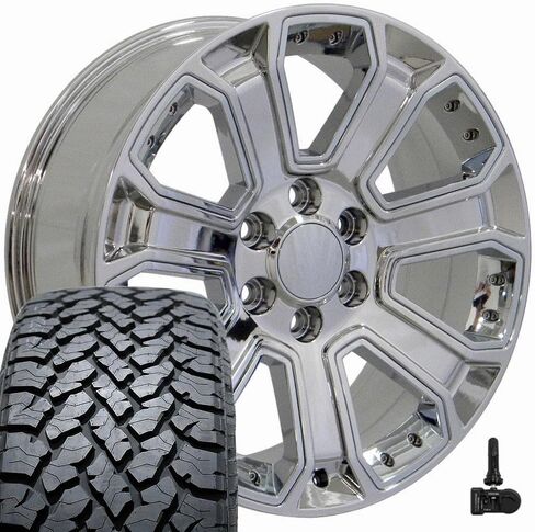 إطارات وإطارات OE Wheels CV93 مقاس 20 بوصة تناسب Silverado 1500 Style 6x139.7 20x8.5 كروم مع إدراج كروم - هولاندر 5660 - TS-37 AT 275/55-20 (مجموعة من 4) in Saudi Arabia