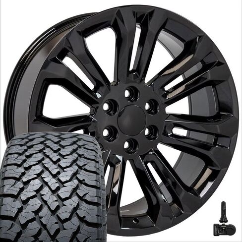 OE Wheels CV43B 22 Inch Rims and Tires Fit Silverado 1500 Style 6x139.7 22x9 Gloss Black - Hollander 5666 - TS-37 AT 285/45-22 (Set of 4) in Saudi Arabia