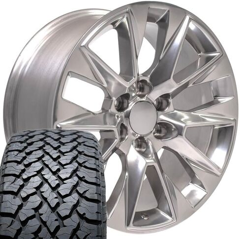 OE Wheels CV26 20 Inch Rims and Tires Fit Silverado 1500 LTZ Style 6x139.7 20x9 Polished - Hollander 5920 - TS-37 AT 275/55-20 (Set of 4) in Saudi Arabia