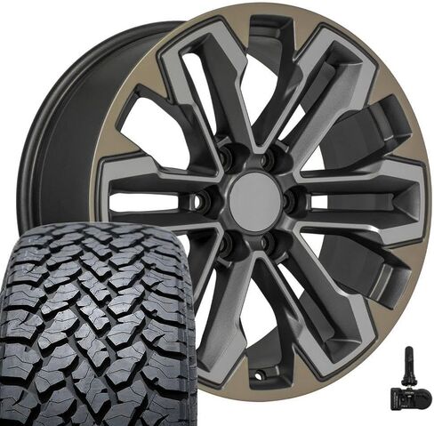 OE Wheels CV69 20 Inch Rims and Tires Fit Silverado 1500 Style 6x139.7 20x9 Satin Gunmetal Machined Face - Two Tone - Hollander 5905 - TS-37 AT 275/55-20 (Set of 4) in Saudi Arabia
