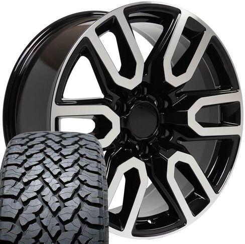 OE Wheels CV36 20 Inch Rims and Tires Fit Sierra 1500 Style 6x139.7 20x9 Gloss Black Machined - Hollander 5914 - TS-37 AT 275/55-20 (Set of 4) in Saudi Arabia