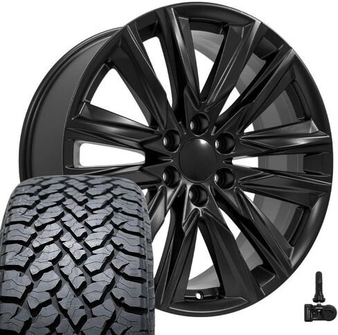 إطارات وإطارات OE Wheels CA91 مقاس 22 بوصة تناسب طراز Escalade Sport Style 6x139.7 22x9 أسود ساتان - هولاندر 4869 - TS-37 AT 285/45-22 (مجموعة من 4) in Saudi Arabia