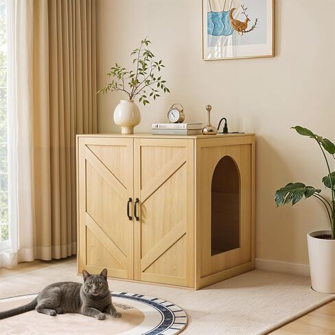 حاوية فضلات القطط الكبيرة مع شاحن، حاوية أوتوماتيكية لصناديق القمامة ذاتية التنظيف 3/4، خزانة صندوق فضلات المزرعة مع أبواب قابلة للإزالة بنفسك، بني ريفي in Kuwait