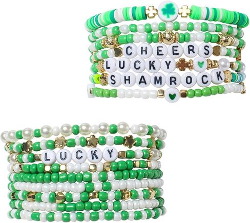 St Patrick's Day Beaded Stretch Bracelets Sets Green Beaded Charm Stretch Elastic Bracelets Handmade Irish Bracelet St Patrick's Day Accessories Elastic Stackable Beaded Jewelry in Saudi Arabia