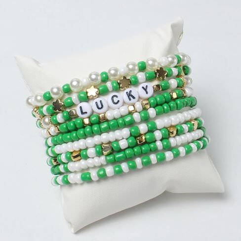 St Patrick's Day Beaded Stretch Bracelets Sets Green Beaded Charm Stretch Elastic Bracelets Handmade Irish Bracelet St Patrick's Day Accessories Elastic Stackable Beaded Jewelry in Saudi Arabia