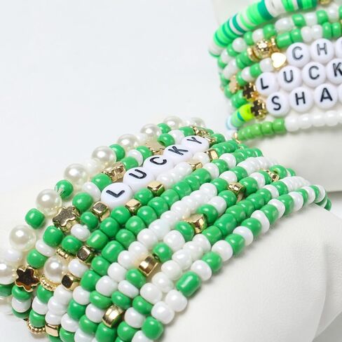 St Patrick's Day Beaded Stretch Bracelets Sets Green Beaded Charm Stretch Elastic Bracelets Handmade Irish Bracelet St Patrick's Day Accessories Elastic Stackable Beaded Jewelry in Saudi Arabia