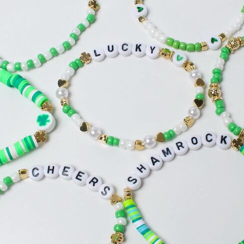 St Patrick's Day Beaded Stretch Bracelets Sets Green Beaded Charm Stretch Elastic Bracelets Handmade Irish Bracelet St Patrick's Day Accessories Elastic Stackable Beaded Jewelry in Saudi Arabia