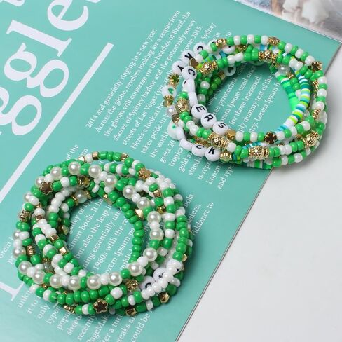 St Patrick's Day Beaded Stretch Bracelets Sets Green Beaded Charm Stretch Elastic Bracelets Handmade Irish Bracelet St Patrick's Day Accessories Elastic Stackable Beaded Jewelry in Saudi Arabia