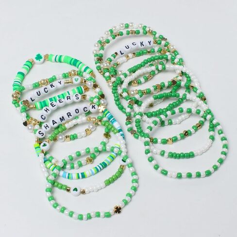 St Patrick's Day Beaded Stretch Bracelets Sets Green Beaded Charm Stretch Elastic Bracelets Handmade Irish Bracelet St Patrick's Day Accessories Elastic Stackable Beaded Jewelry in Saudi Arabia