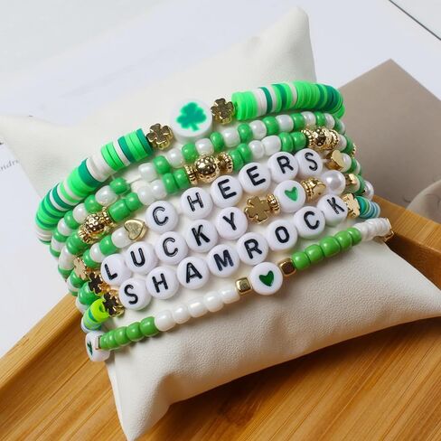 St Patrick's Day Beaded Stretch Bracelets Sets Green Beaded Charm Stretch Elastic Bracelets Handmade Irish Bracelet St Patrick's Day Accessories Elastic Stackable Beaded Jewelry in Saudi Arabia