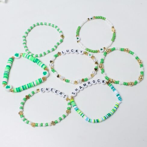 St Patrick's Day Beaded Stretch Bracelets Sets Green Beaded Charm Stretch Elastic Bracelets Handmade Irish Bracelet St Patrick's Day Accessories Elastic Stackable Beaded Jewelry in Saudi Arabia