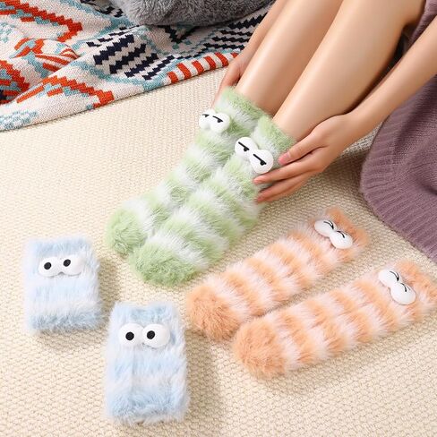 Jspupifip 3 Pairs Fluffy Socks Womens, Warm Cozy Fluffy Cartoon Monster Socks, Funny Velvet 3D Quirky Sleep Sock Cute Ugly Sock for Christmas & Winter Warmth in Saudi Arabia