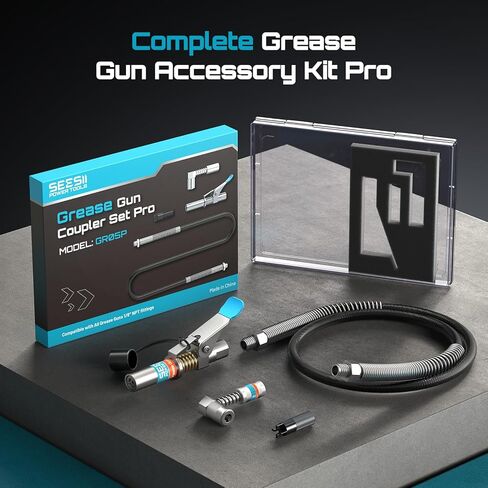 Seesii Professional Grease Gun Kit with 12000 PSI Quick Release Coupler, 90 Degree Adapter, 39.4" Dual Spring Flex Hose & Zerk Cleaning Tool – Fits All 1/8" NPT Grease Guns (Model GR05P) in Saudi Arabia