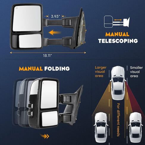Towing Mirrors Chrome for Ford F-250 F-350 Super Duty 1999-2007 Power Heated with Turn Signal Manual Folding Telescoping (1 Pair) in Kuwait